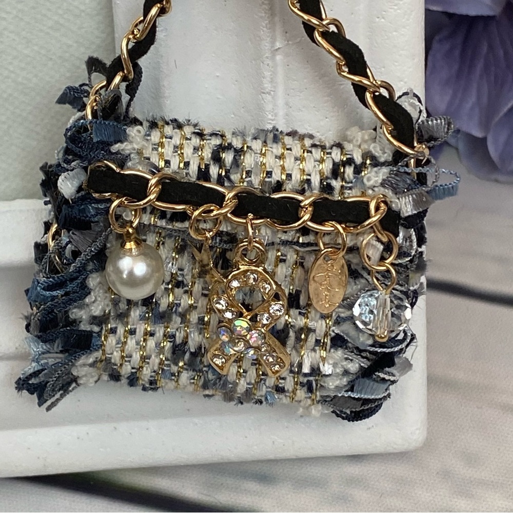 Blue and Black Textured Fabric Handbag Keychain Charm - Picture 3 of 16